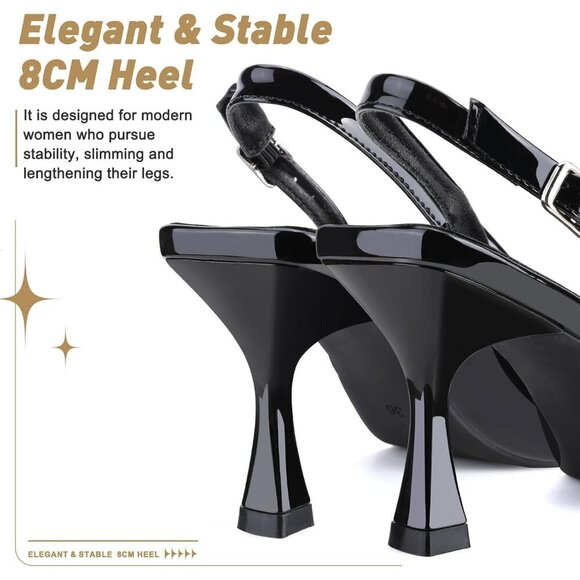 🆕Women's Black Faux Leather Pointed Toe Slingback Kitten Heels Bow Knot Sandals - Picture 3 of 8